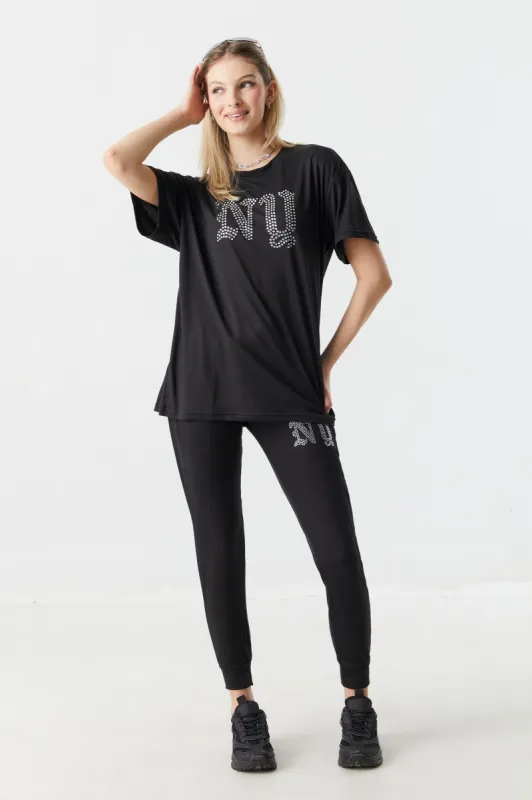 Soft NY Rhinestone Decal Fleece Jogger sold by Charlotte Russe