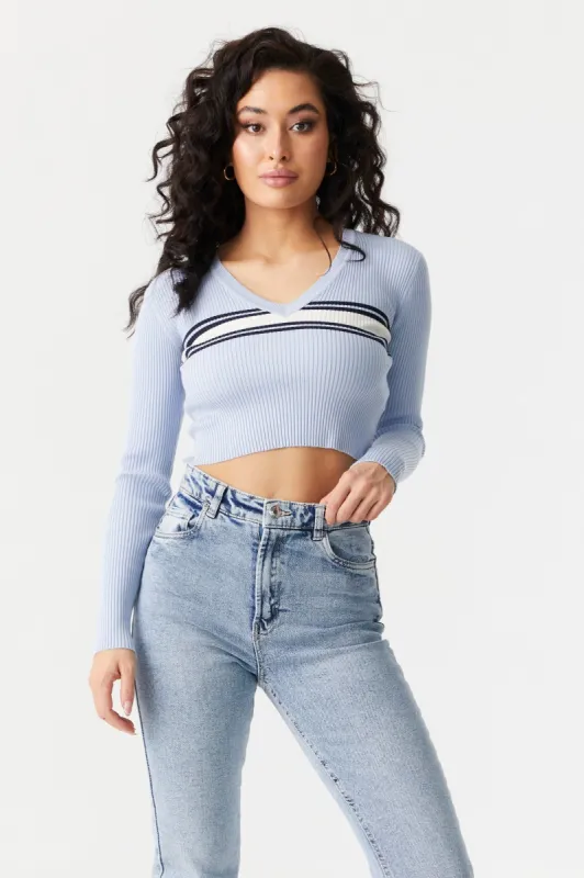 Varsity Stripe V-Neck Cropped Top sold by Charlotte Russe
