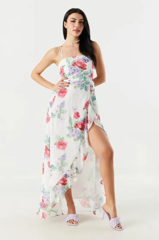 White Chiffon Floral High-Low Wrap Dress sold by Charlotte Russe