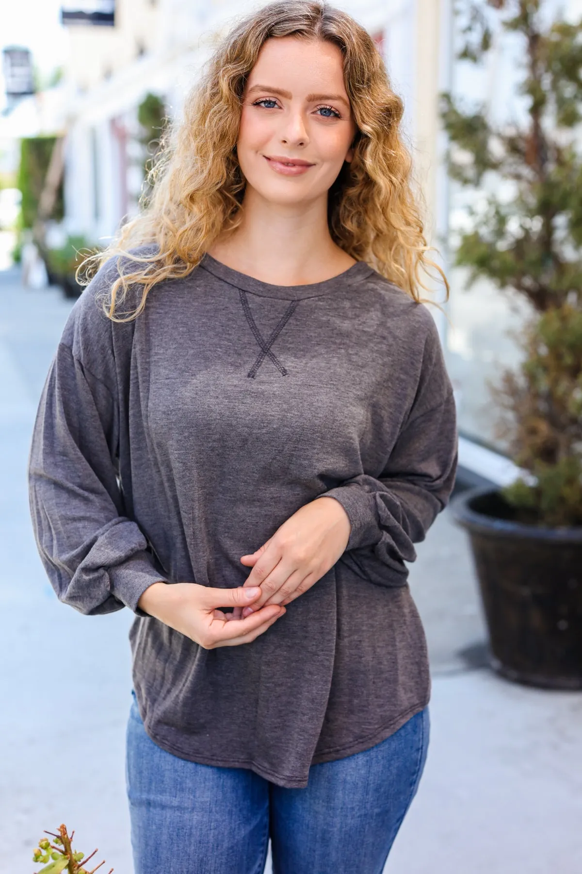Everyday Charcoal French Terry Long Sleeve Sweater Top sold by Charming Charlie product image thumbnail 2