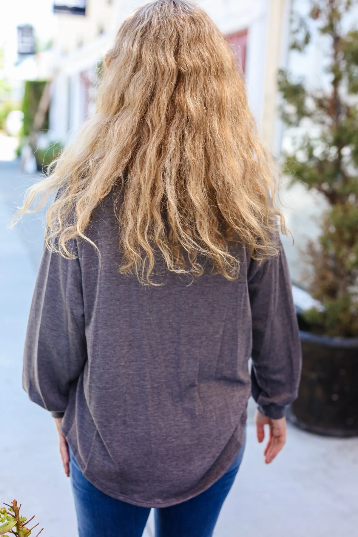 Everyday Charcoal French Terry Long Sleeve Sweater Top sold by Charming Charlie product image thumbnail 4