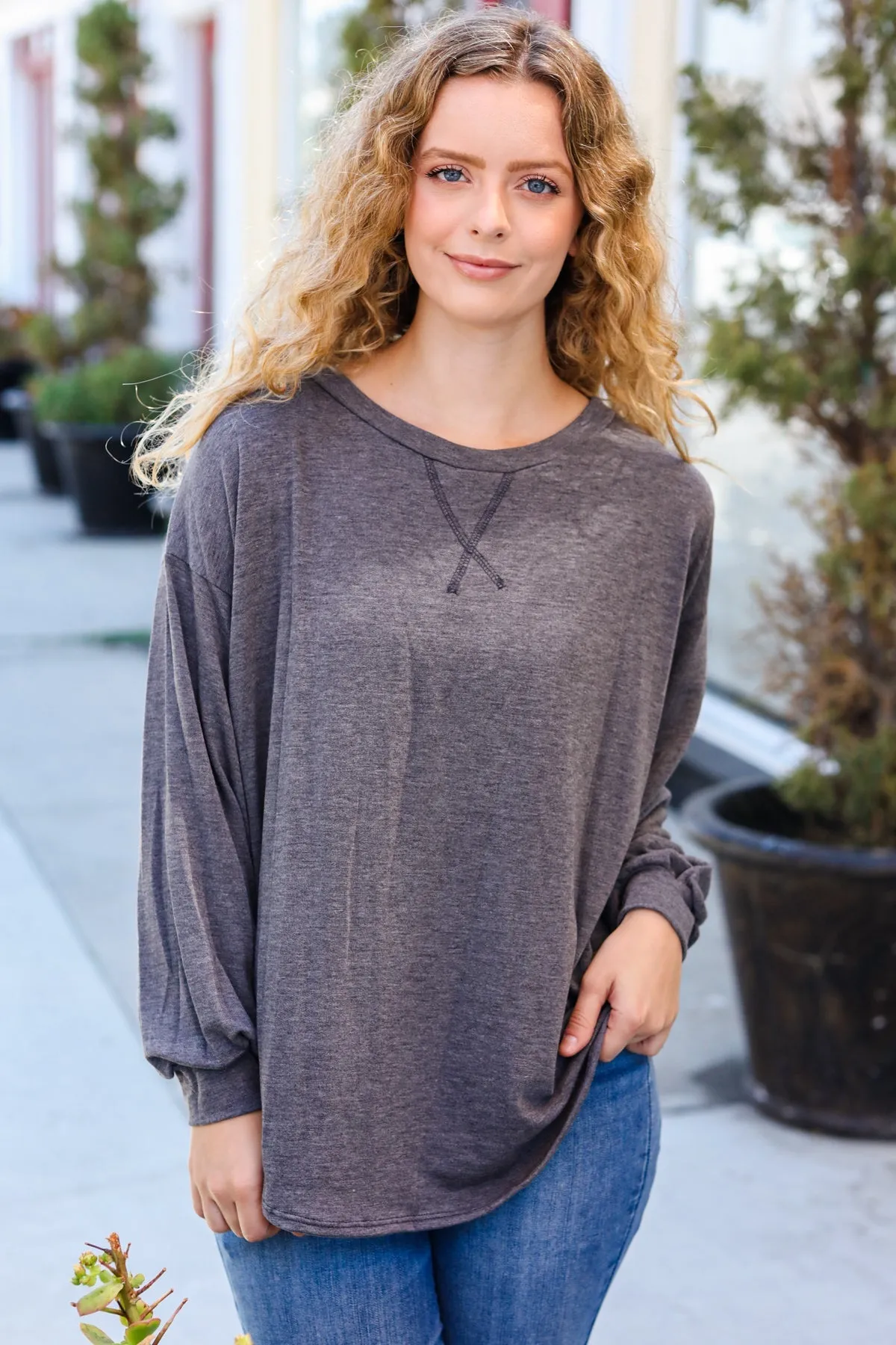Everyday Charcoal French Terry Long Sleeve Sweater Top sold by Charming Charlie