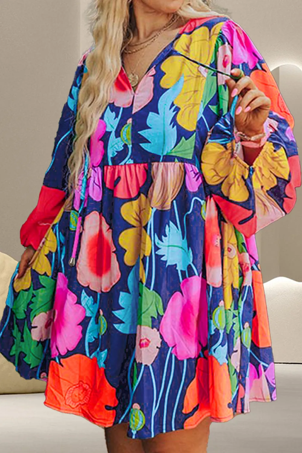 Plus Size Printed Tie Neck Long Sleeve Dress sold by Charming Charlie