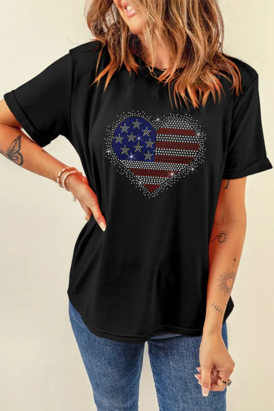Rhinestone Heart Round Neck Short Sleeve T-Shirt sold by Charming Charlie