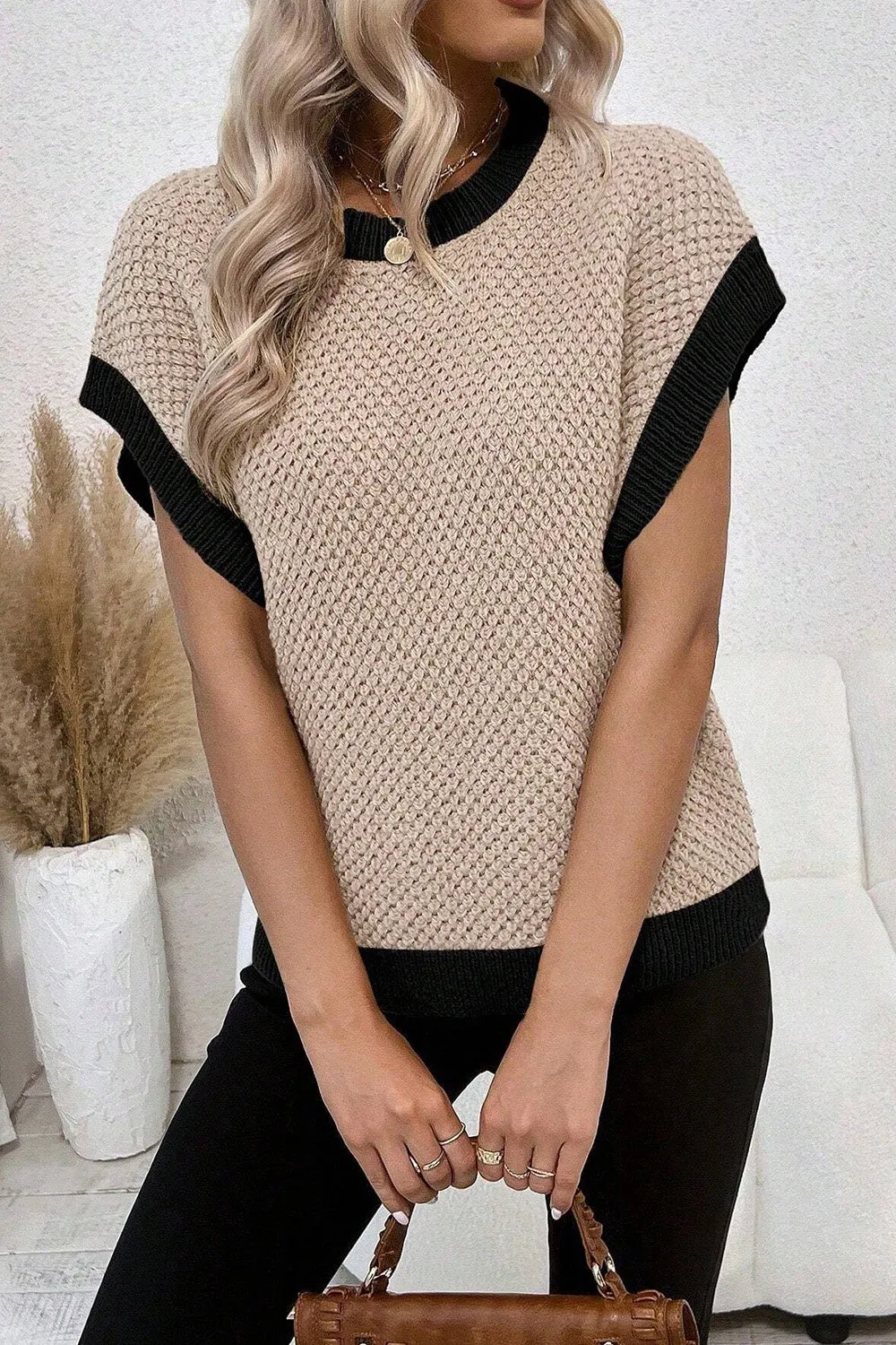 Contrast Round Neck Cap Sleeve Knit Top sold by Charming Charlie