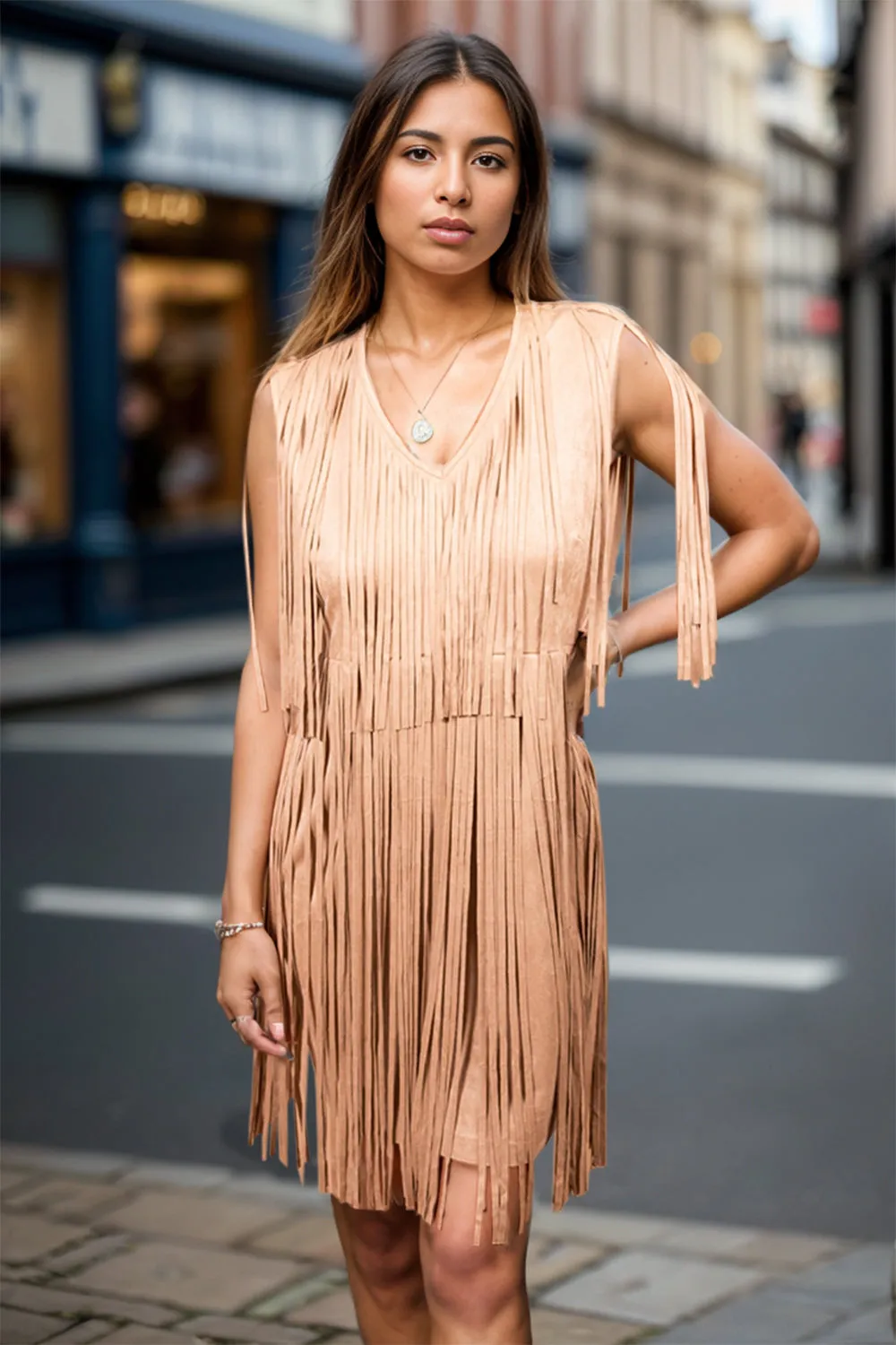 Full Size Fringe V-Neck Sleeveless Mini Dress sold by Charming Charlie