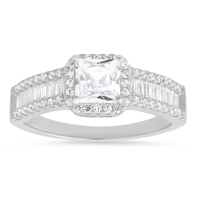 Sterling Silver Princess & Baguette-cut CZ Halo Ring sold by Charming Charlie