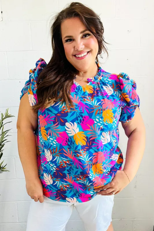 All For You Aqua Tropical Print Frill Notch Neck Puff Sleeve Top sold by Charming Charlie