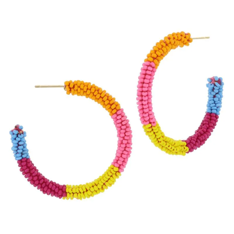 Multi Colorblock Beaded Hoop Earrings, 2" Top to Bottom sold by Charming Charlie