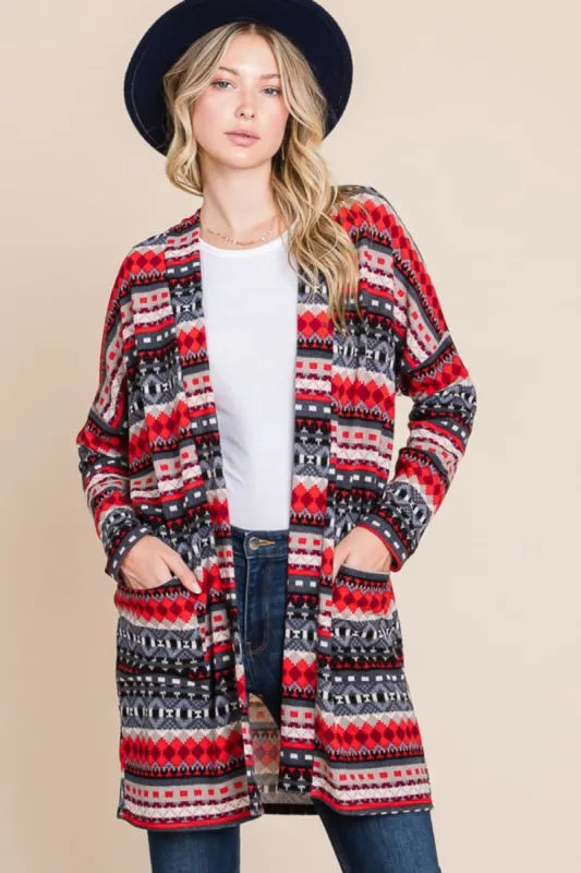 BOMBOM Geometric Open Front Long Sleeve Cardigan with Pockets sold by Charming Charlie