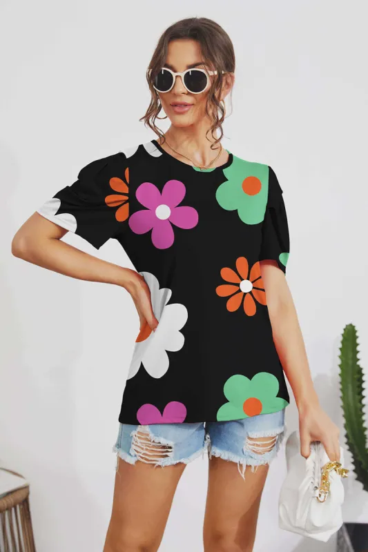 Flower Round Neck Short Sleeve Blouse sold by Charming Charlie