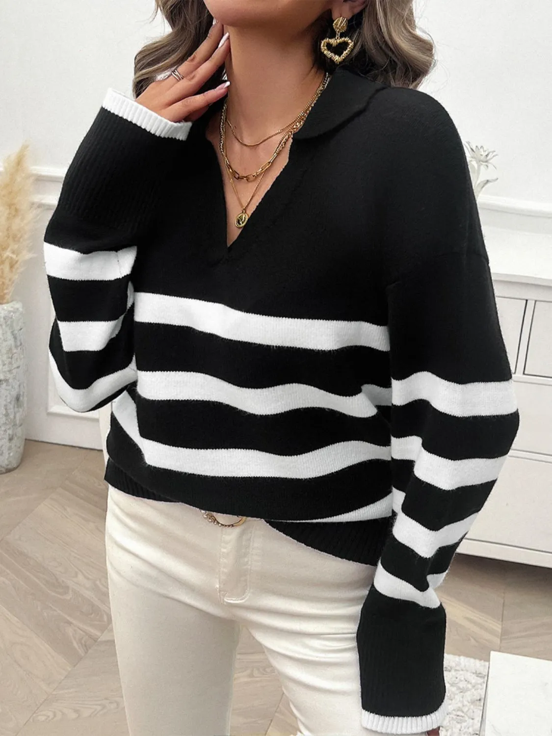 Striped Collared Neck Long Sleeve Sweater sold by Charming Charlie product image thumbnail 5