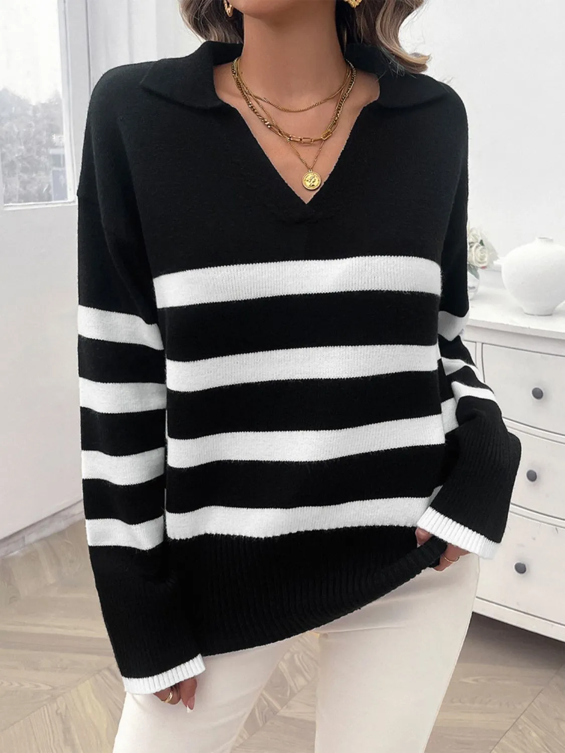 Striped Collared Neck Long Sleeve Sweater sold by Charming Charlie
