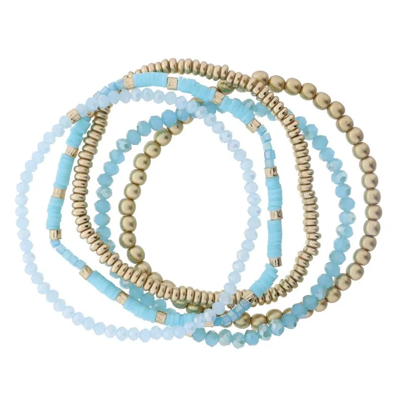 Set of 5 Coordinating Turquoise, Blue, Gold Beaded Bracelets, 8" Around sold by Charming Charlie