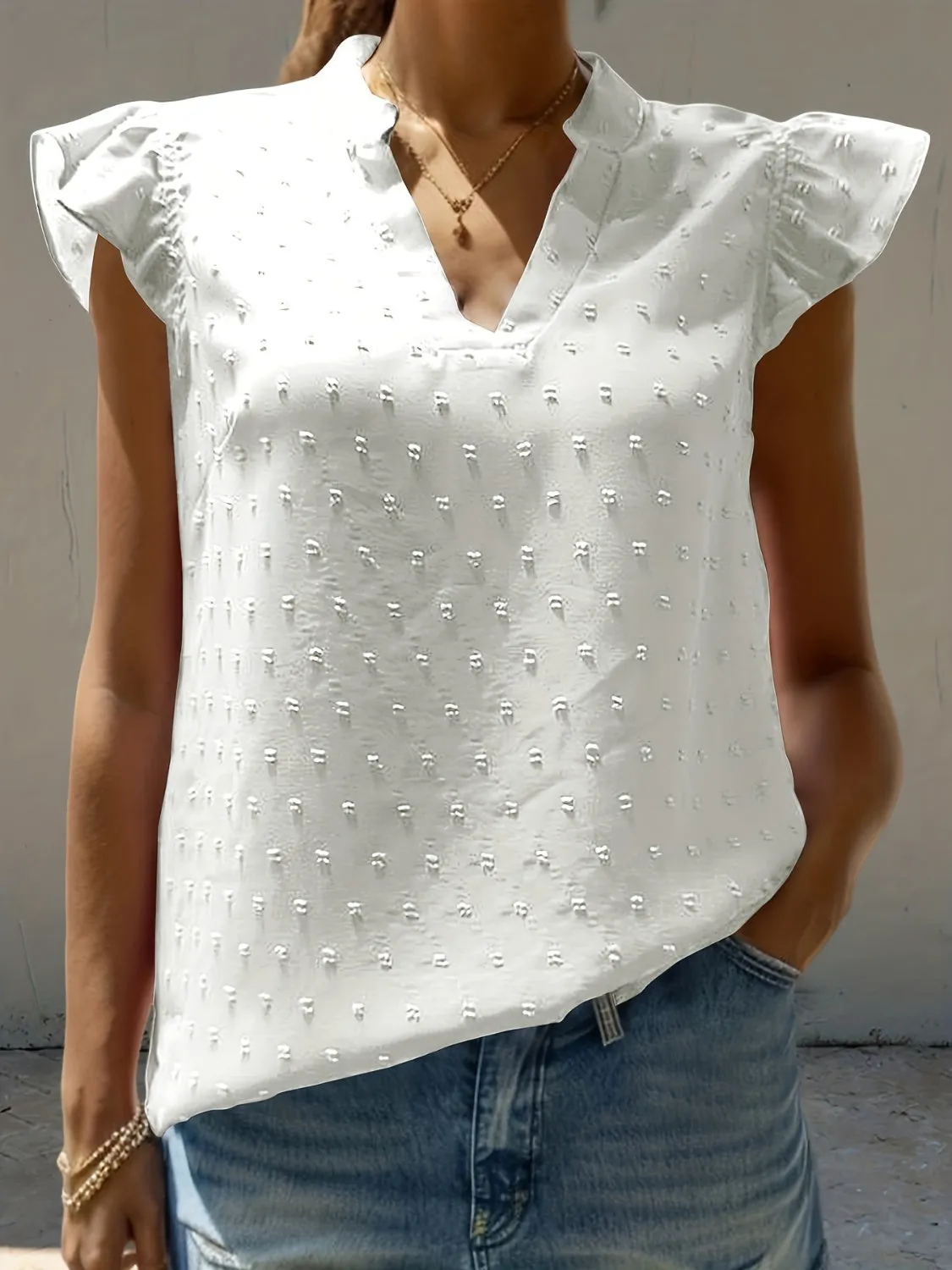 Swiss Dot Ruffled Notched Cap Sleeve Blouse sold by Charming Charlie