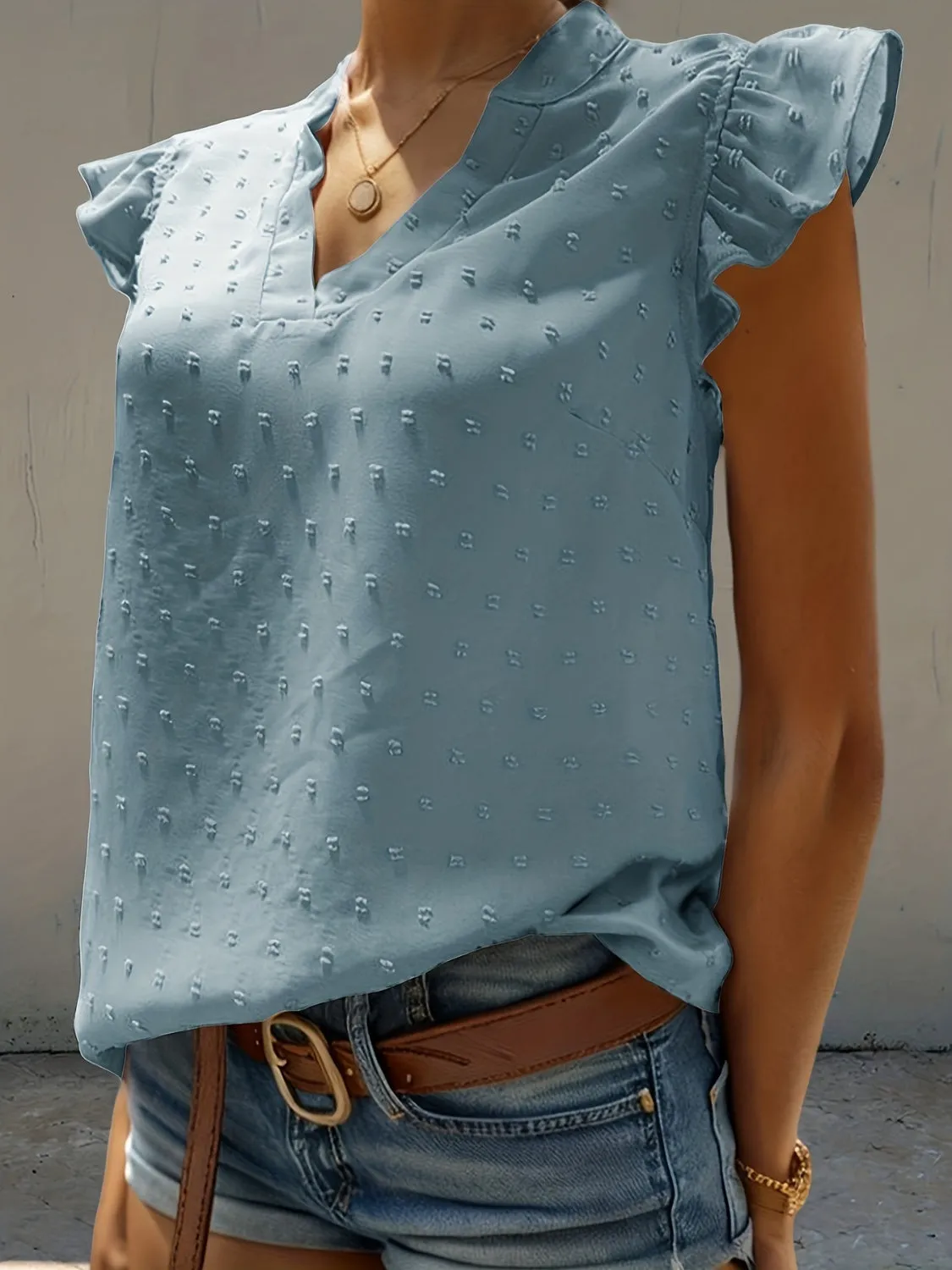 Swiss Dot Ruffled Notched Cap Sleeve Blouse sold by Charming Charlie product image thumbnail 5