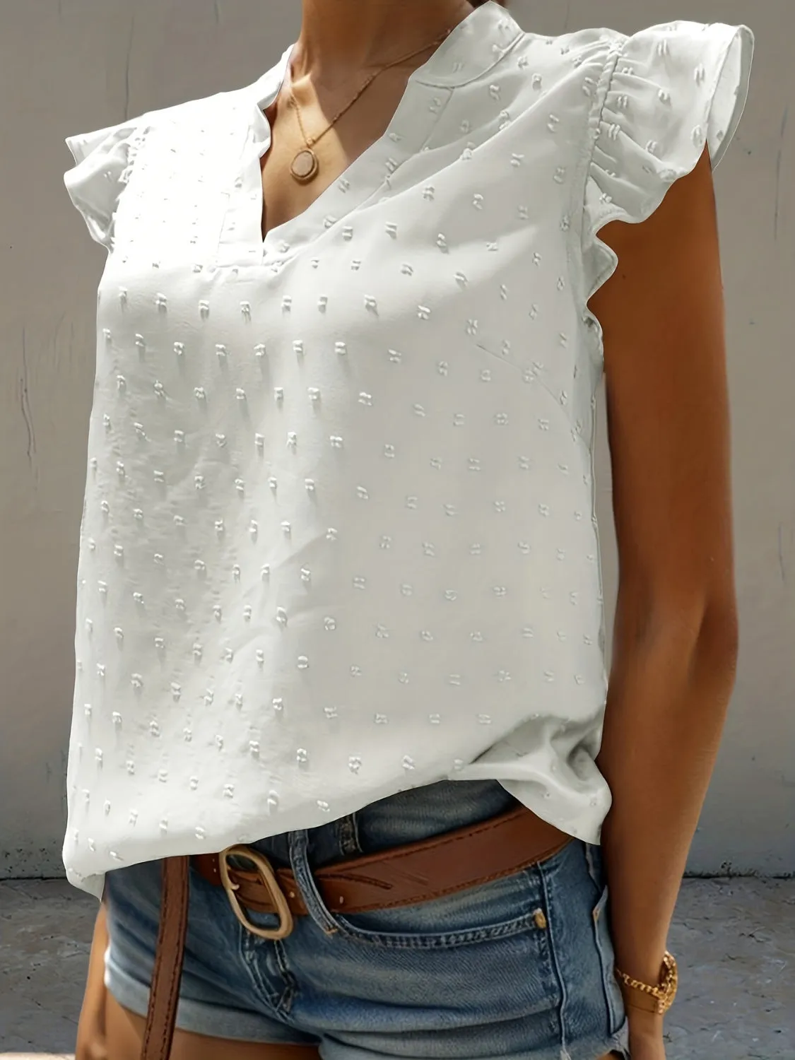 Swiss Dot Ruffled Notched Cap Sleeve Blouse sold by Charming Charlie product image thumbnail 3