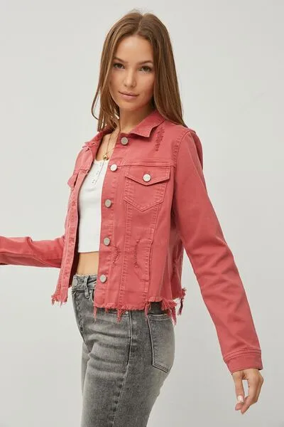 RISEN Raw Hem Button Up Cropped Denim Jacket sold by Charming Charlie product image thumbnail 3