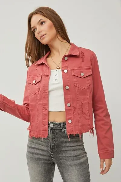 RISEN Raw Hem Button Up Cropped Denim Jacket sold by Charming Charlie product image thumbnail 4