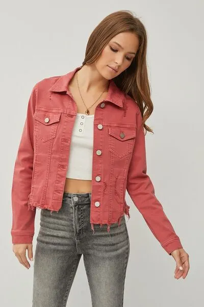 RISEN Raw Hem Button Up Cropped Denim Jacket sold by Charming Charlie