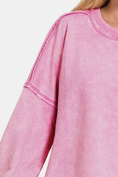 Zenana Exposed Seam Round Neck Dropped Shoulder Sweatshirt sold by Charming Charlie product image thumbnail 3