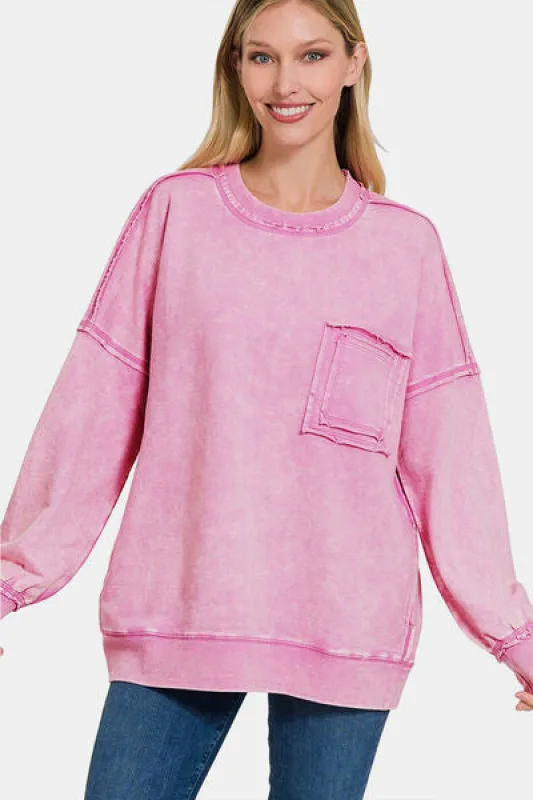 Zenana Exposed Seam Round Neck Dropped Shoulder Sweatshirt sold by Charming Charlie