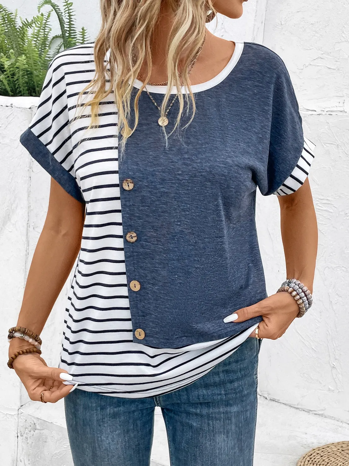 Decorative Button Striped Round Neck Short Sleeve Top sold by Charming Charlie