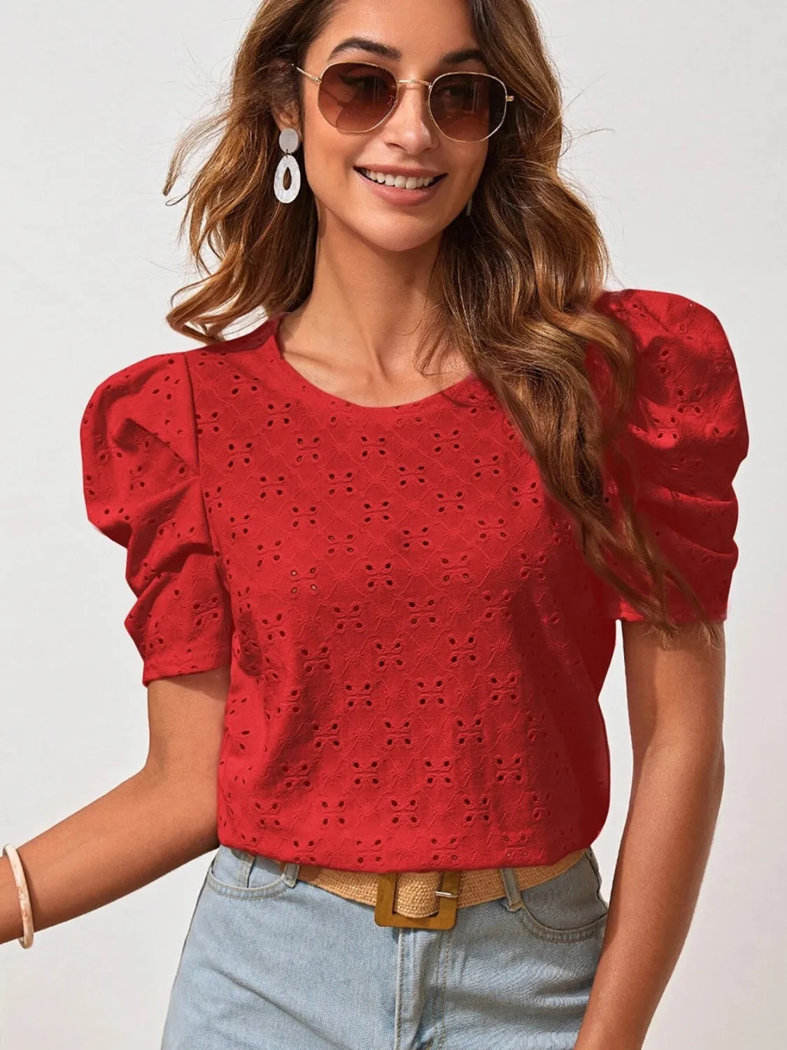 Eyelet Round Neck Puff Sleeve Blouse sold by Charming Charlie product image thumbnail 4