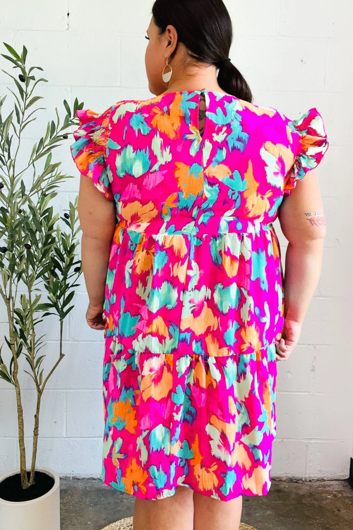 Look of Love Fuchsia Abstract Floral Print Smocked Ruffle Sleeve Dress sold by Charming Charlie product image thumbnail 3