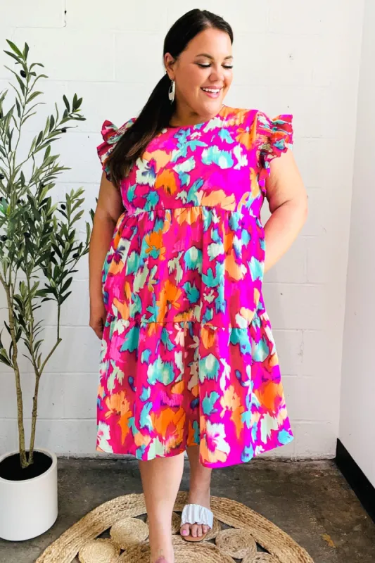 Look of Love Fuchsia Abstract Floral Print Smocked Ruffle Sleeve Dress made by Charming Charlie