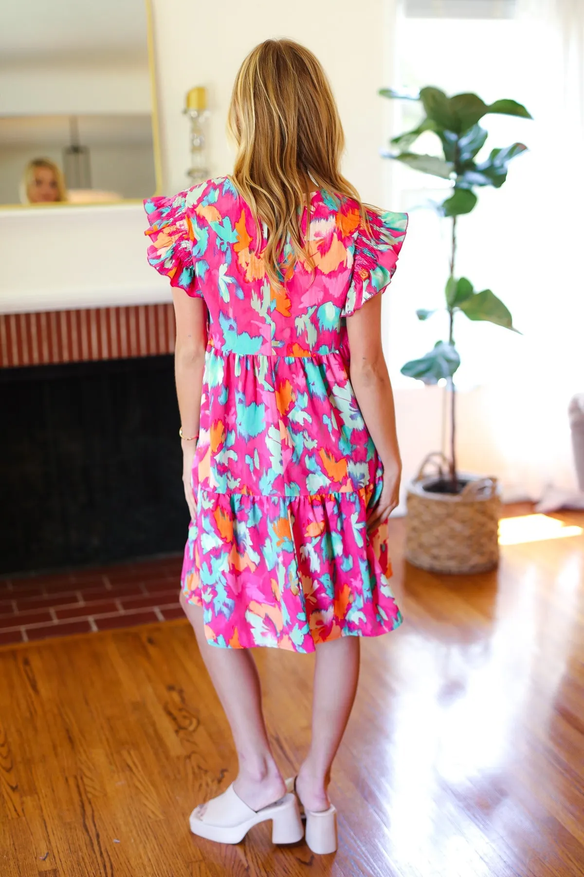 Look of Love Fuchsia Abstract Floral Print Smocked Ruffle Sleeve Dress sold by Charming Charlie product image thumbnail 4