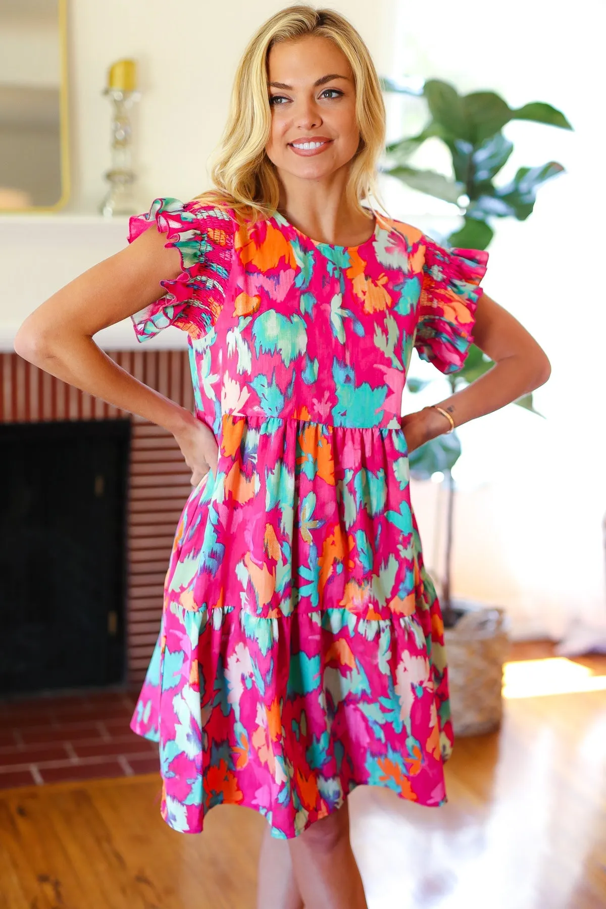 Look of Love Fuchsia Abstract Floral Print Smocked Ruffle Sleeve Dress sold by Charming Charlie product image thumbnail 2