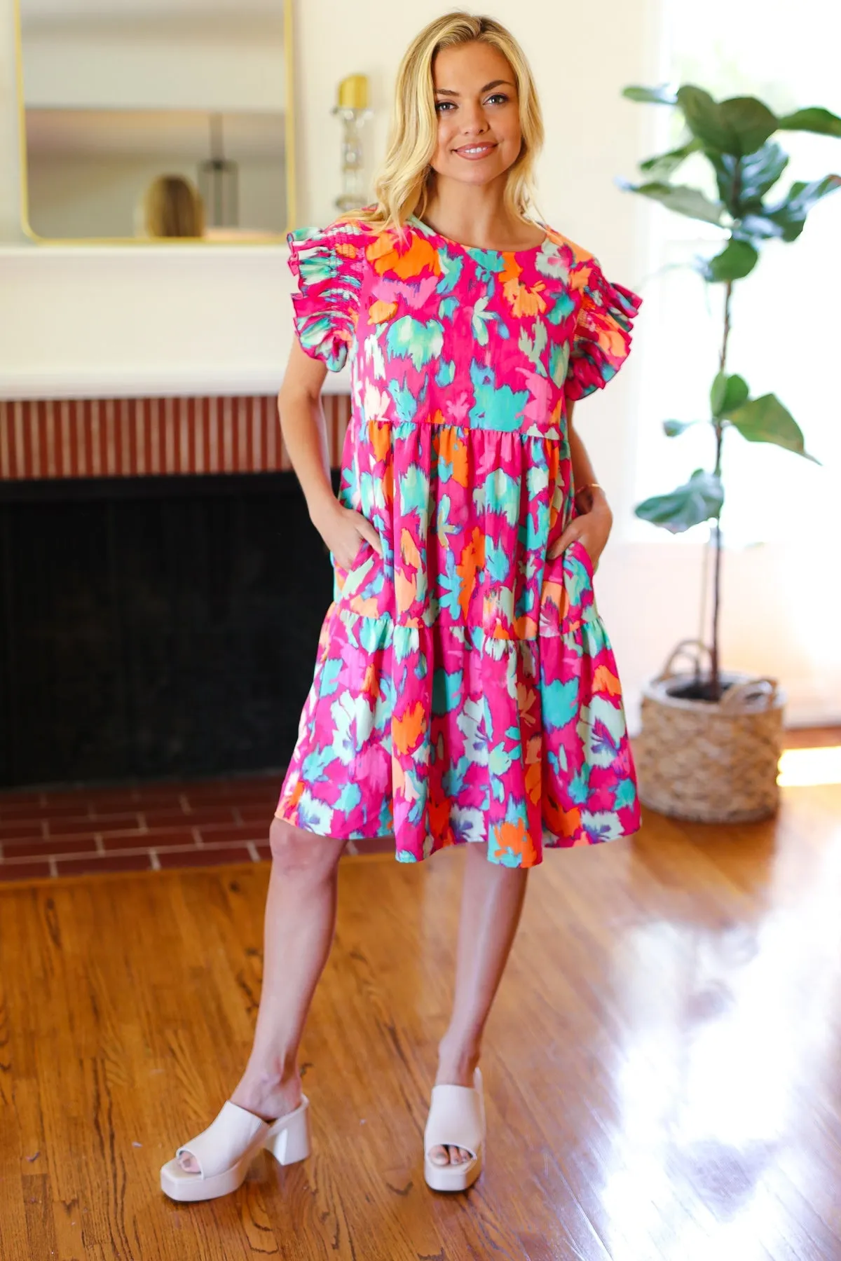 Look of Love Fuchsia Abstract Floral Print Smocked Ruffle Sleeve Dress sold by Charming Charlie product image thumbnail 5