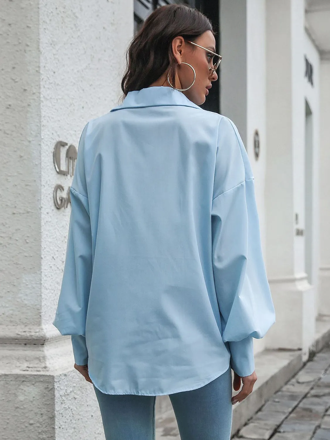 Button Up Dropped Shoulder Lantern Sleeve Shirt sold by Charming Charlie product image thumbnail 2