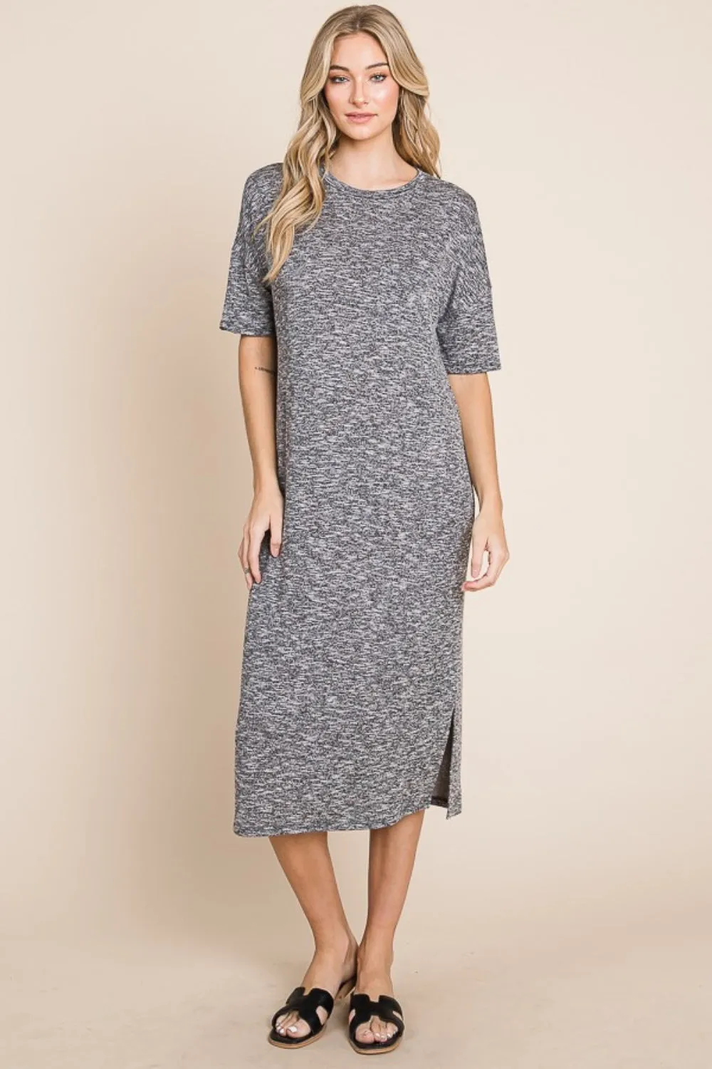 BOMBOM Slit Round Neck Half Sleeve Midi Dress sold by Charming Charlie product image thumbnail 4
