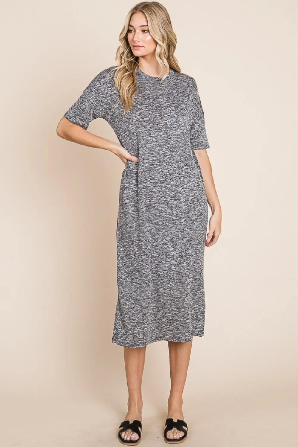 BOMBOM Slit Round Neck Half Sleeve Midi Dress sold by Charming Charlie product image thumbnail 5