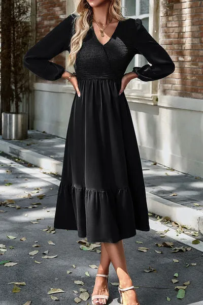 Smocked Surplice Long Sleeve Midi Dress sold by Charming Charlie product image thumbnail 4