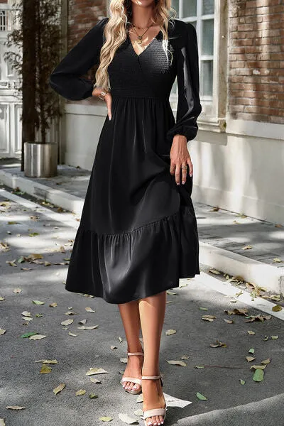 Smocked Surplice Long Sleeve Midi Dress sold by Charming Charlie