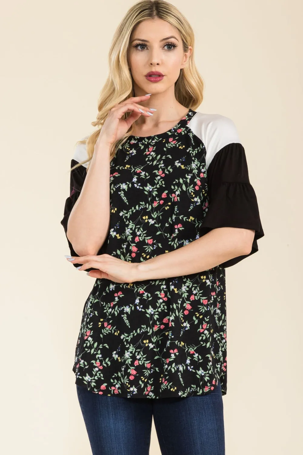 Celeste Full Size Floral Contrast Bell Sleeve Top sold by Charming Charlie product image thumbnail 4