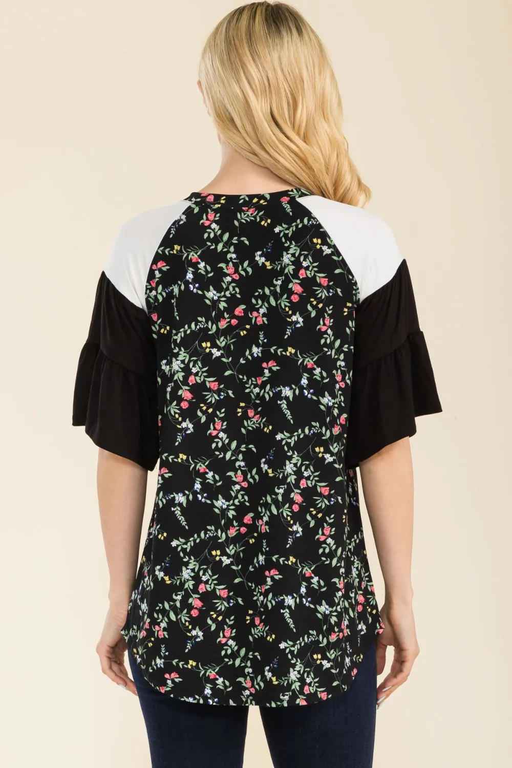 Celeste Full Size Floral Contrast Bell Sleeve Top sold by Charming Charlie product image thumbnail 2