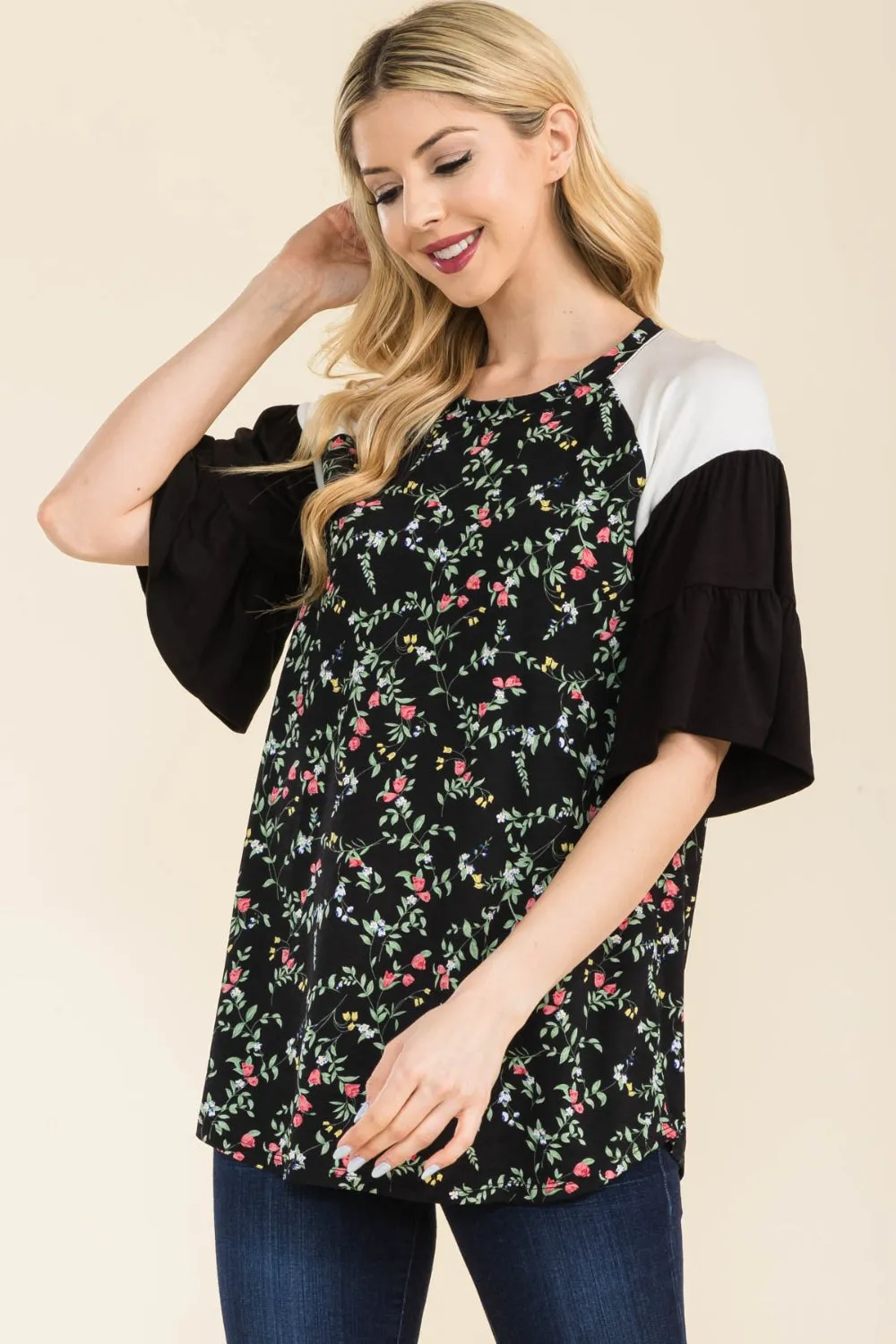 Celeste Full Size Floral Contrast Bell Sleeve Top sold by Charming Charlie product image thumbnail 3
