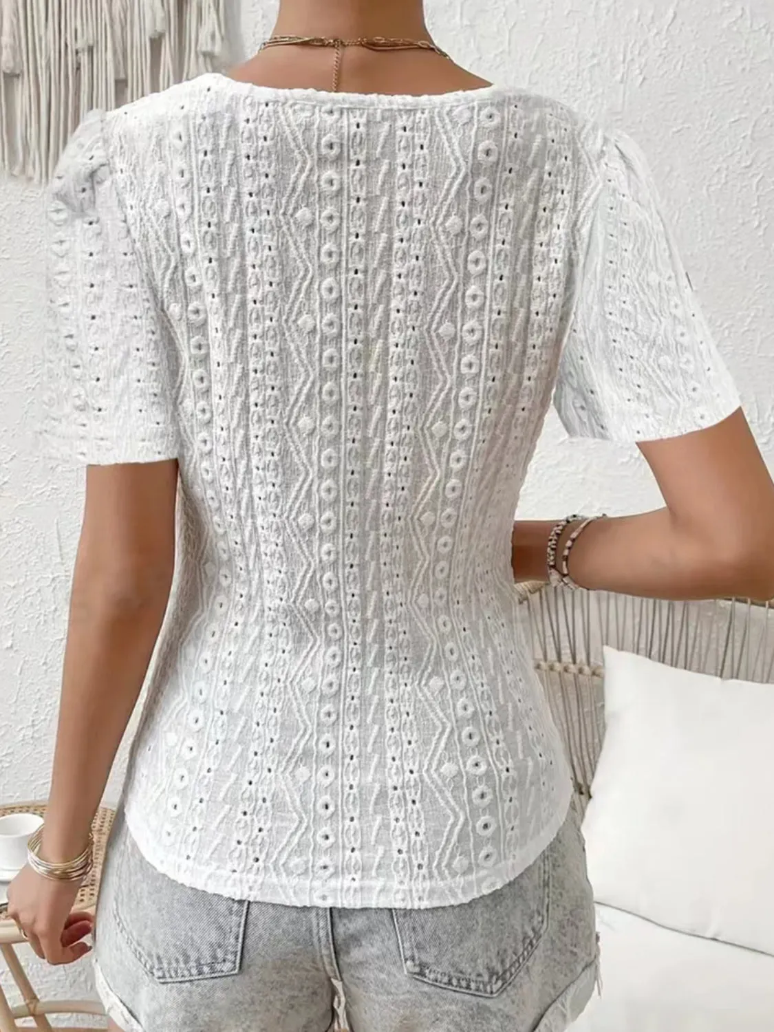 Eyelet Lace Detail V-Neck Short Sleeve Blouse sold by Charming Charlie product image thumbnail 3