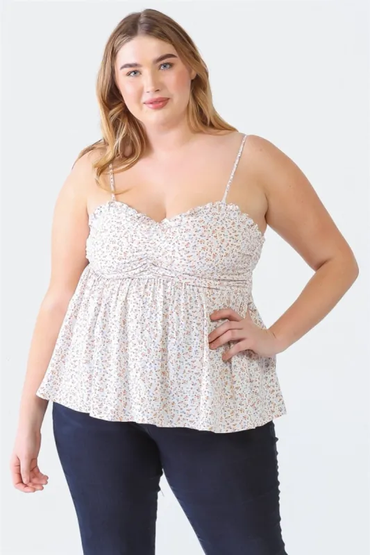 Zenobia Plus Size Frill Smocked Floral Sweetheart Neck Cami sold by Charming Charlie
