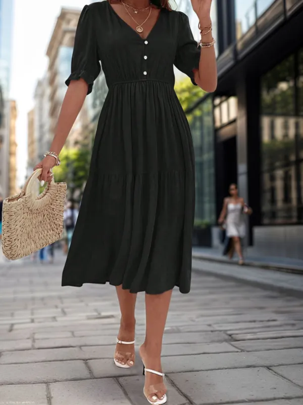 Ruched V-Neck Half Sleeve Midi Dress sold by Charming Charlie