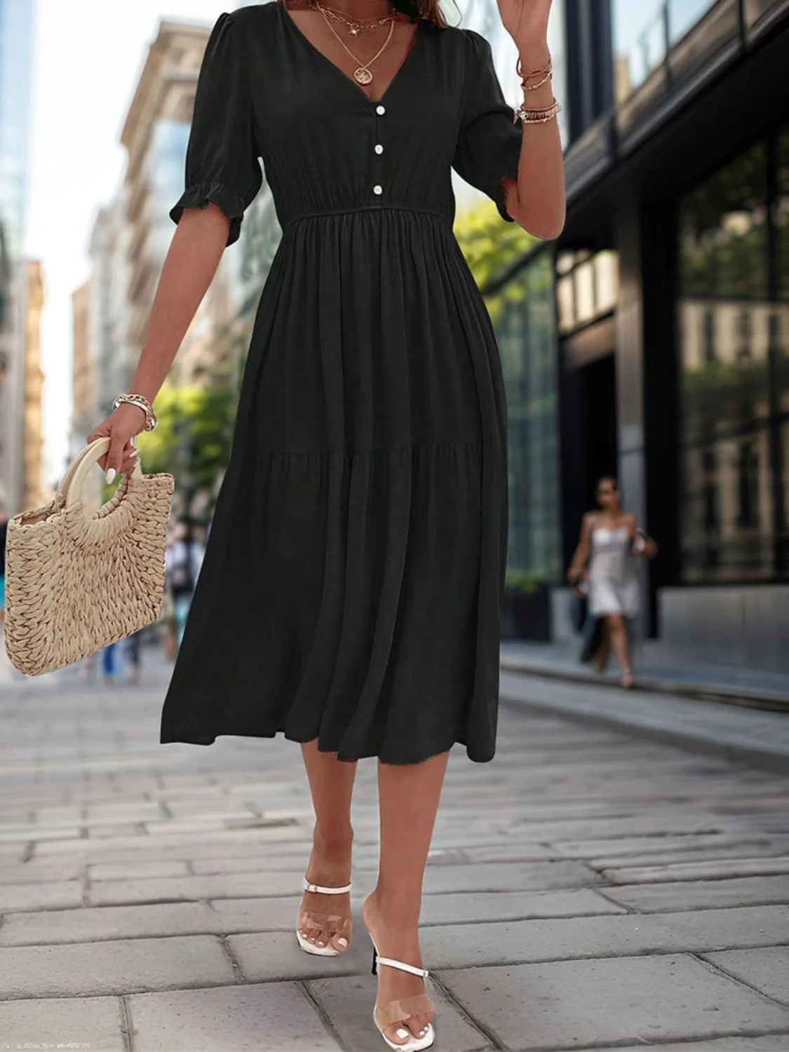 Ruched V-Neck Half Sleeve Midi Dress sold by Charming Charlie