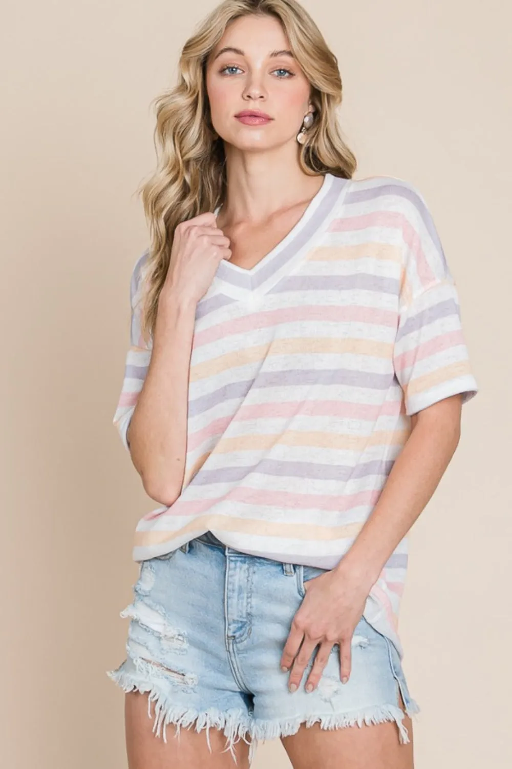 BOMBOM Striped V-Neck Short Sleeve T-Shirt sold by Charming Charlie product image thumbnail 4