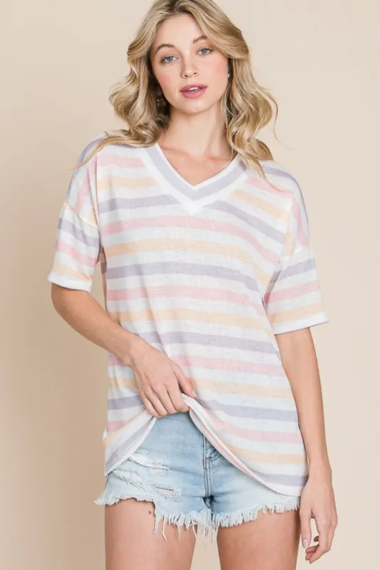 BOMBOM Striped V-Neck Short Sleeve T-Shirt sold by Charming Charlie