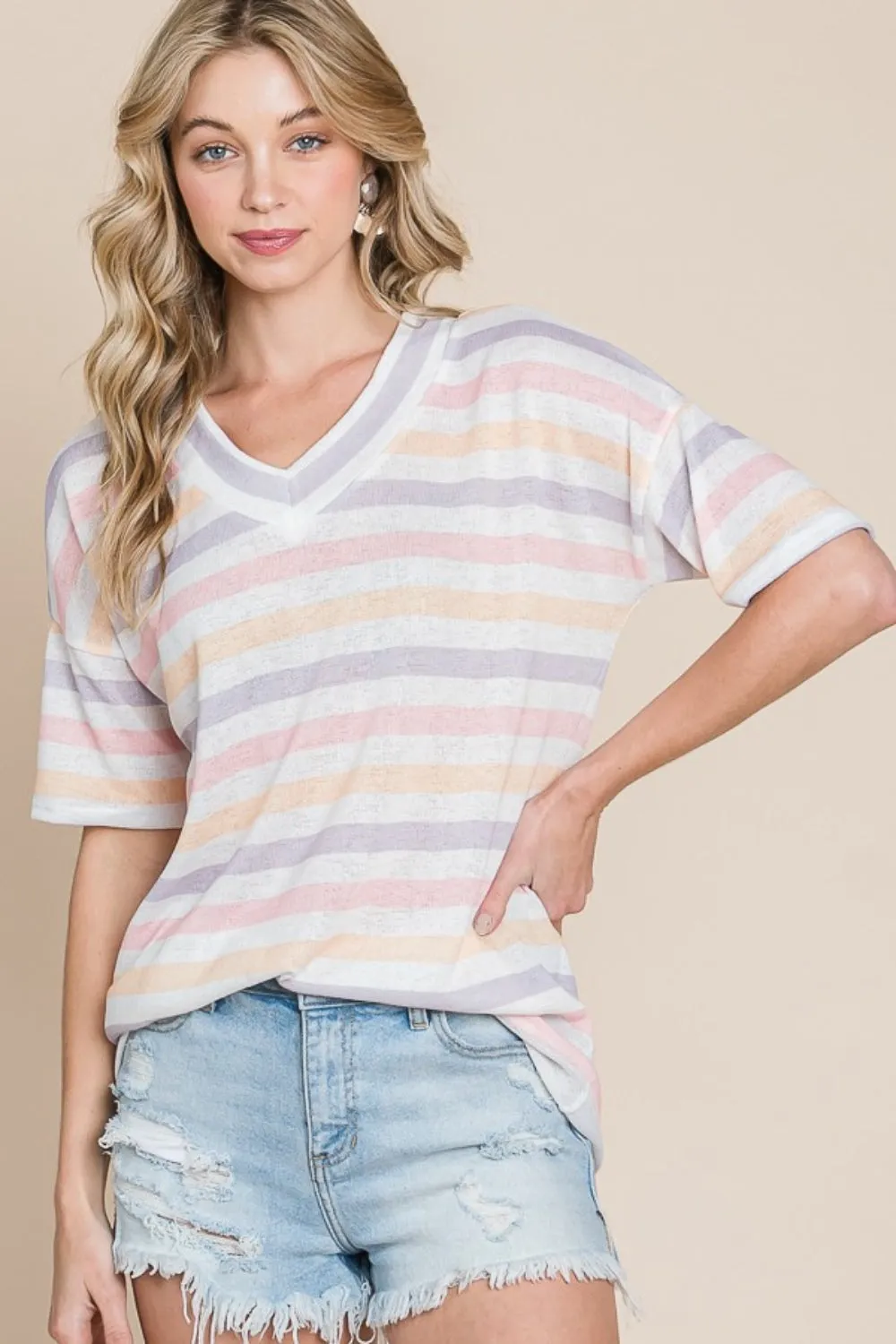 BOMBOM Striped V-Neck Short Sleeve T-Shirt sold by Charming Charlie product image thumbnail 3