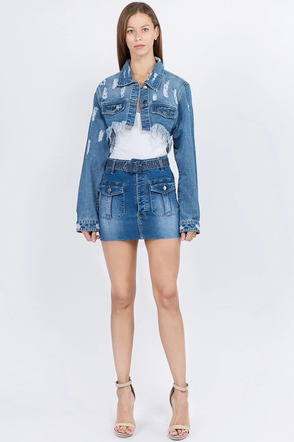 American Bazi Distressed Denim Jacket with Frayed Hem sold by Charming Charlie product image thumbnail 4
