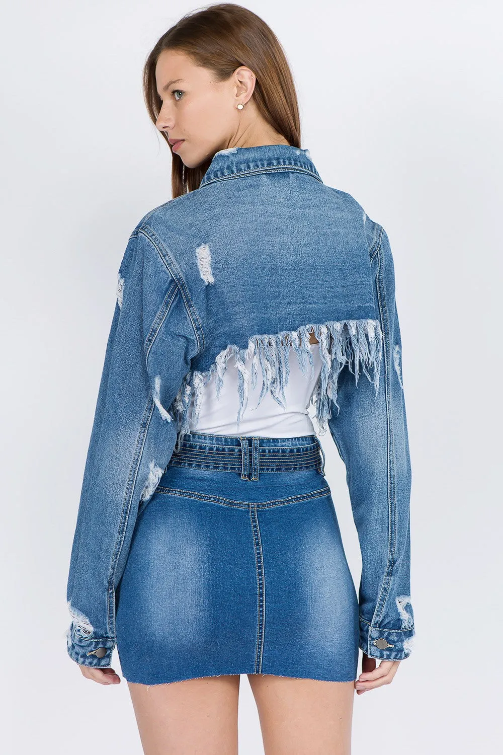 American Bazi Distressed Denim Jacket with Frayed Hem sold by Charming Charlie product image thumbnail 2